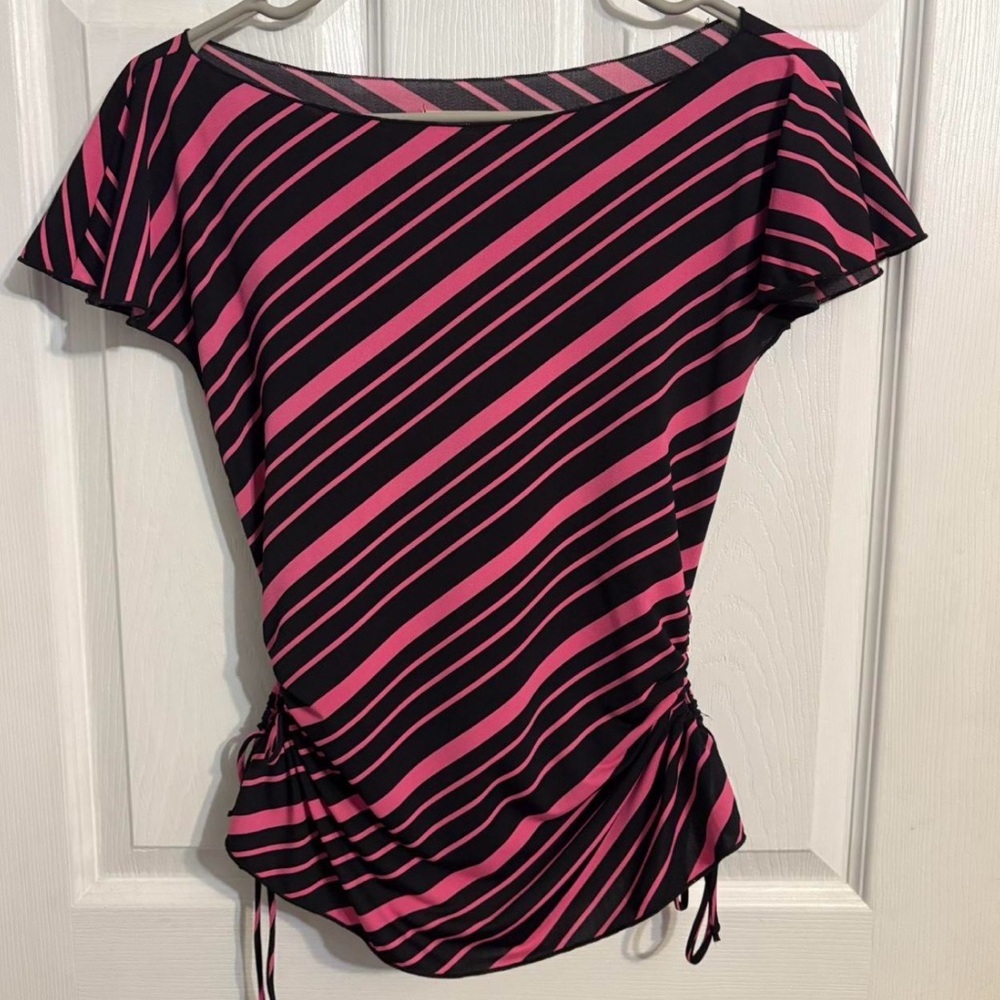 Women’s Vintage Forever 21 Pink and Black Striped Short-Sleeve Top